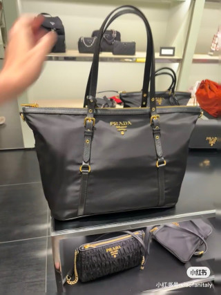 Prada Black Nylon Top Handle Tote Bag with Gold Hardware view 2