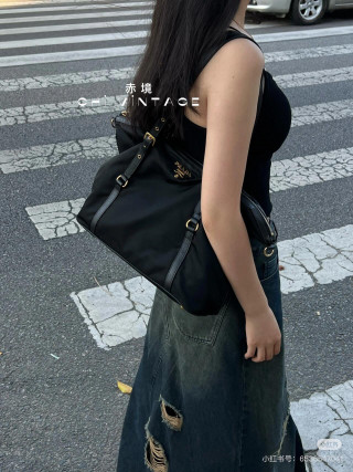 Prada Black Nylon Top Handle Tote Bag with Gold Hardware view 4