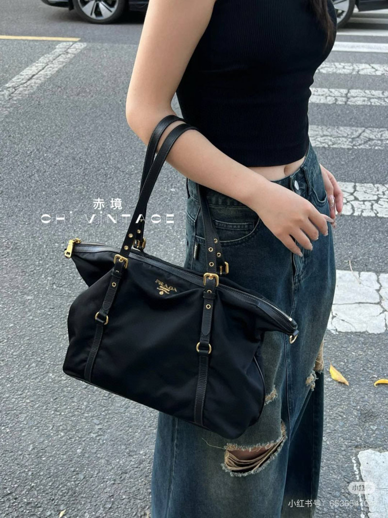 Prada Black Nylon Top Handle Tote Bag with Gold Hardware view
