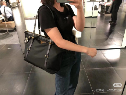 Prada Black Nylon Top Handle Tote Bag with Gold Hardware view 6