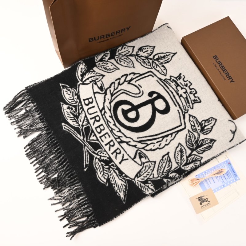 Burberry EKD Crest Double-Faced Cashmere Shawl Scarf Black Cream