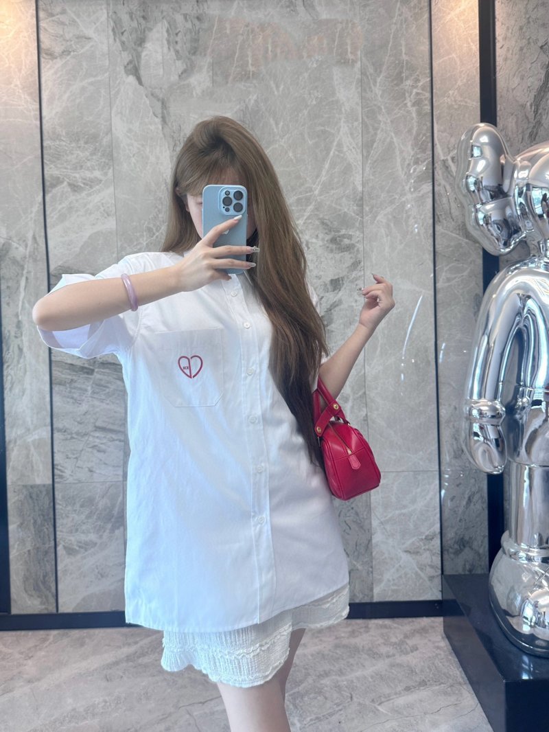 White Button-Up Shirt with Heart Embroidery