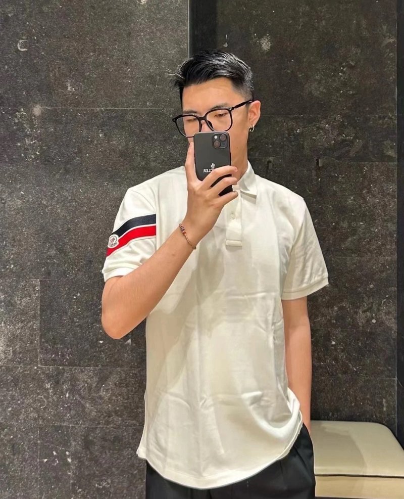 Moncler White Polo Shirt with Tricolor Stripe