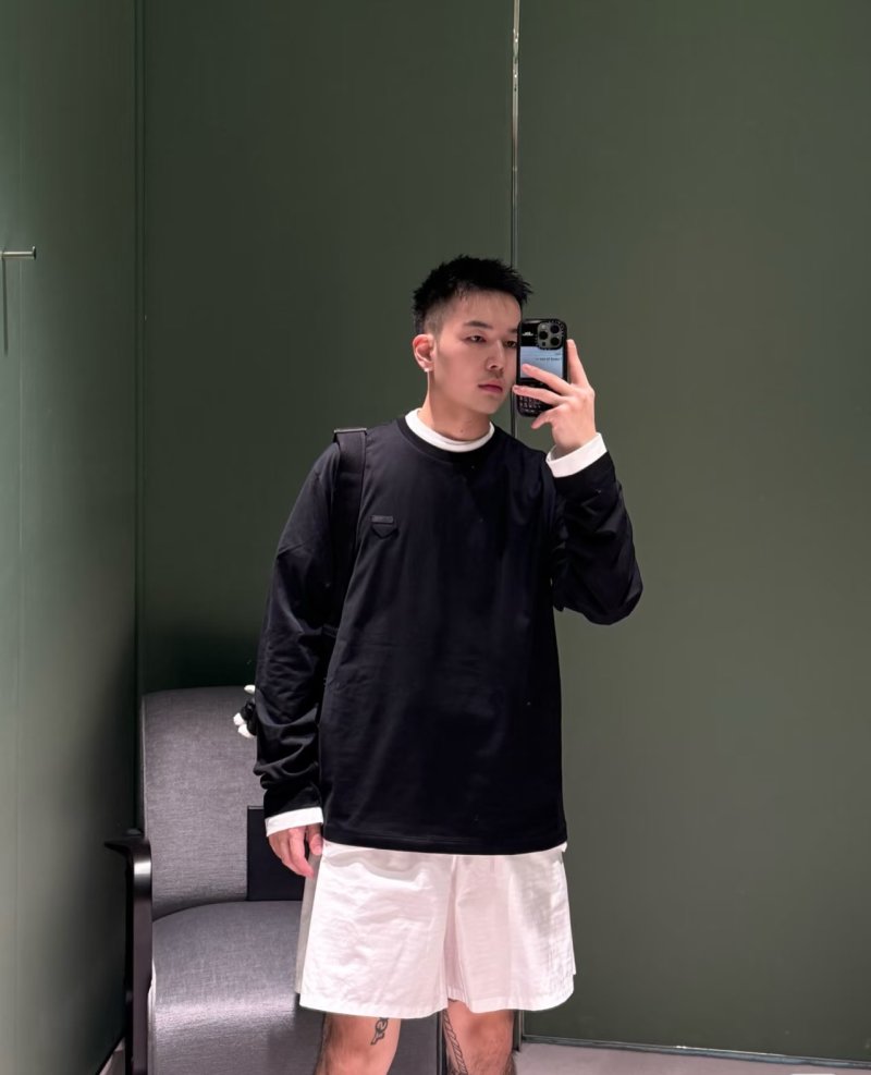 Black Long Sleeve T-Shirt with White Ribbed Trim