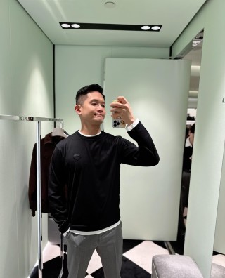 Black Long Sleeve T-Shirt with White Ribbed Trim view 2