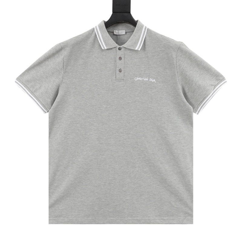 Dior Cursive Logo Embroidered Polo Shirt Grey