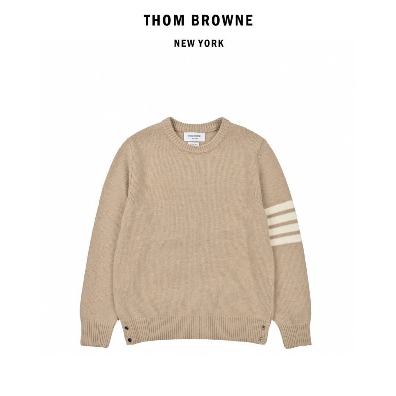 Thom Browne Beige Wool Crew Neck Sweater with Stripe Detail