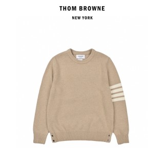 Thom Browne Beige Wool Crew Neck Sweater with Stripe Detail