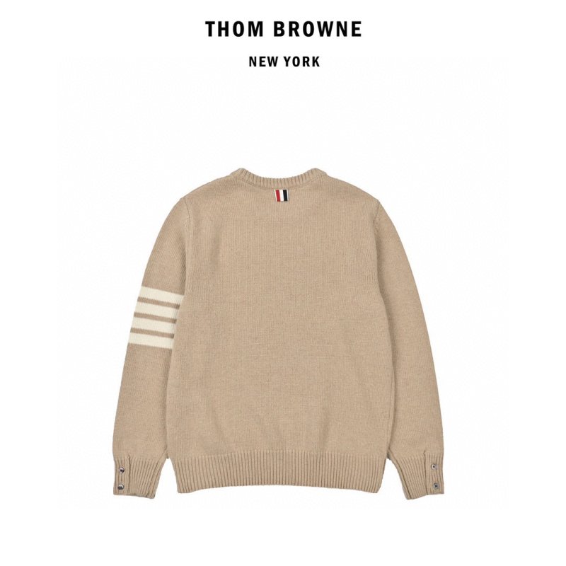 Thom Browne Beige Wool Crew Neck Sweater with Stripe Detail view