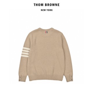 Thom Browne Beige Wool Crew Neck Sweater with Stripe Detail view 2