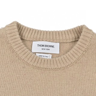 Thom Browne Beige Wool Crew Neck Sweater with Stripe Detail view 3