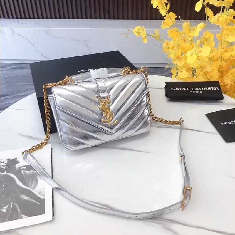 Saint Laurent Silver Quilted Chevron Chain Shoulder Bag