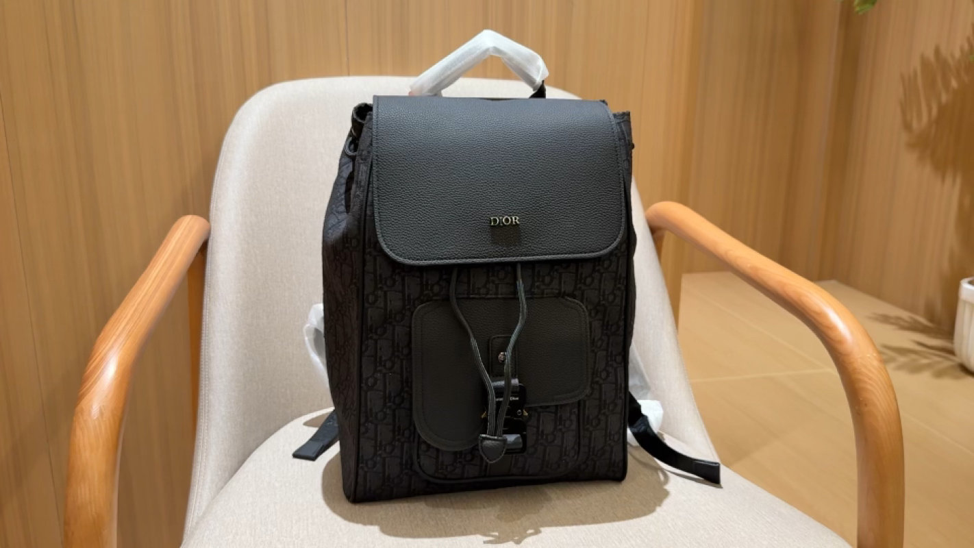 Dior Oblique Jacquard Black Backpack with Leather Flap