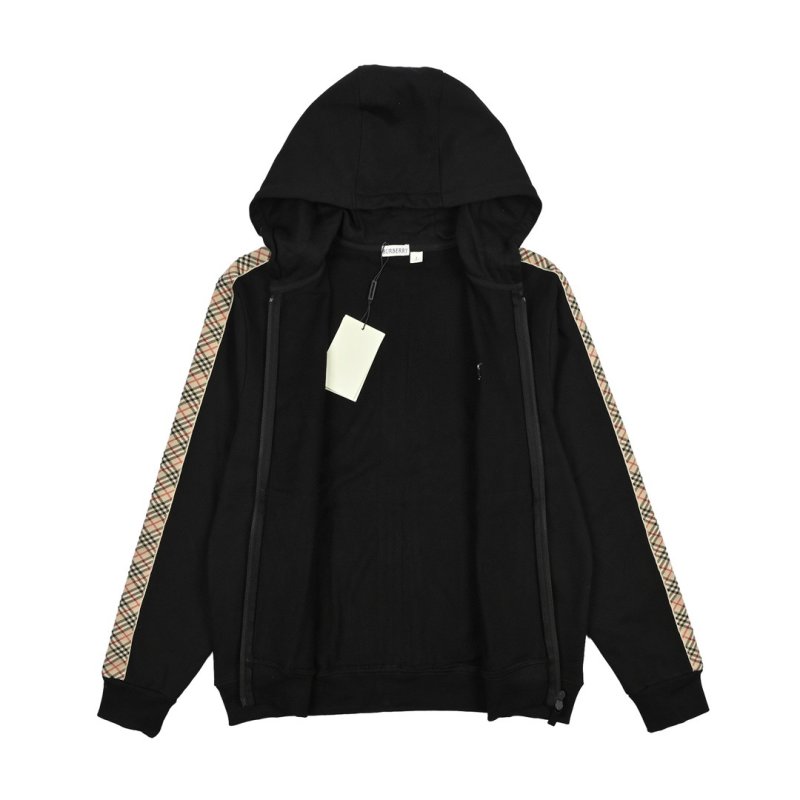 Black Zip Hoodie Jacket with Checkered Sleeve Details view