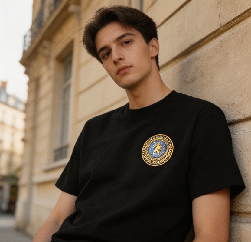 Black Short Sleeve T-Shirt with Gold Circular Emblem