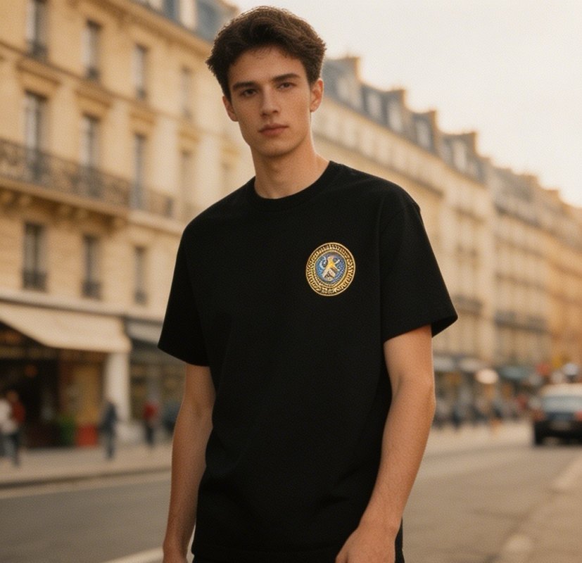 Black Short Sleeve T-Shirt with Gold Circular Emblem view