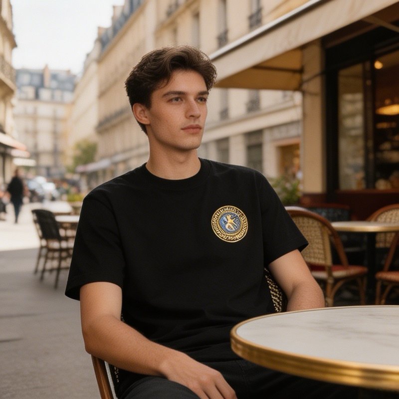 Black Short Sleeve T-Shirt with Gold Circular Emblem view