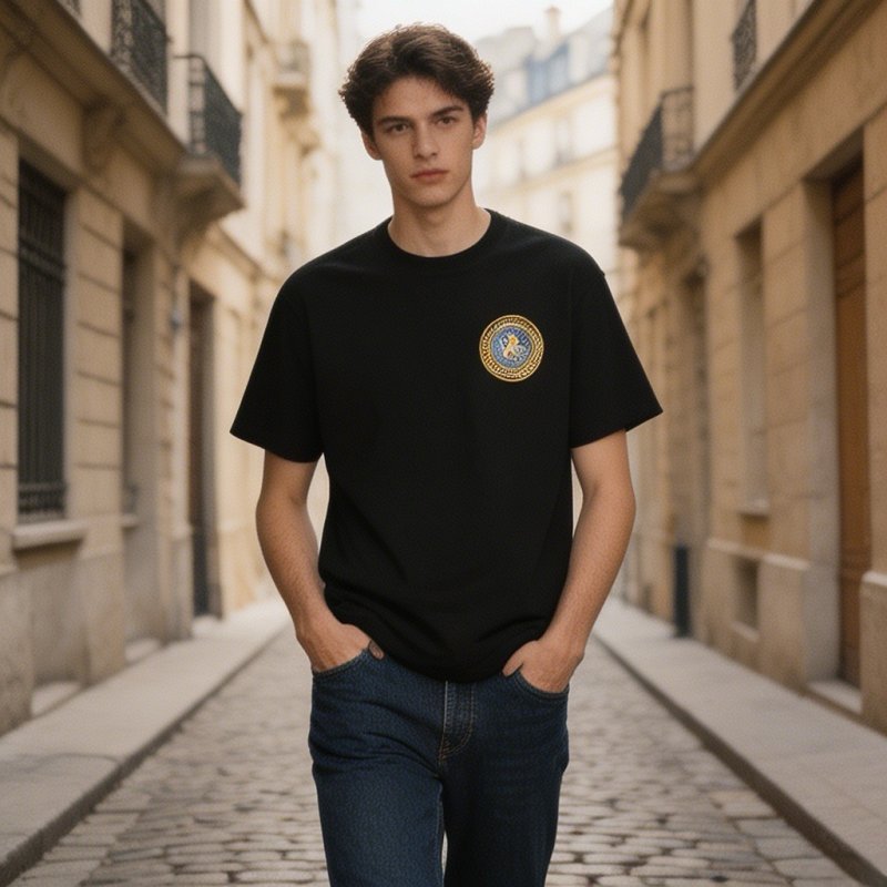 Black Short Sleeve T-Shirt with Gold Circular Emblem view