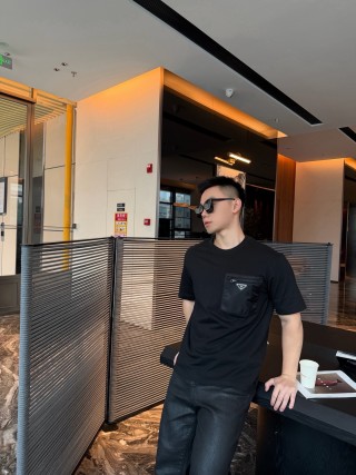 Prada Black Short Sleeve T-Shirt with Chest Pocket view 3
