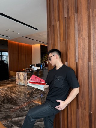 Prada Black Short Sleeve T-Shirt with Chest Pocket view 6