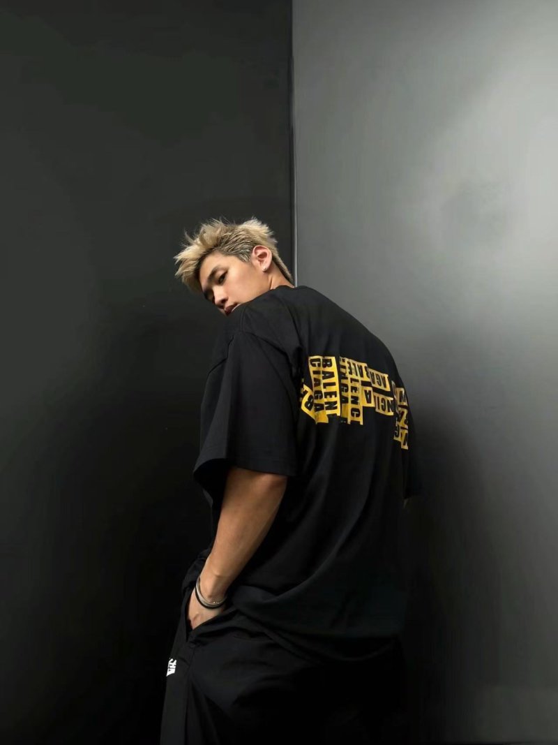 Black Graphic Print Short Sleeve T-Shirt with Yellow Accent view