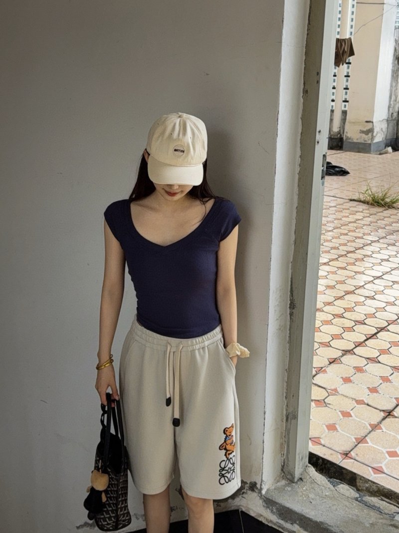 Cream Embroidered Drawstring Shorts