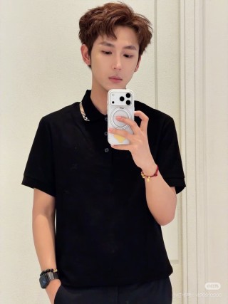 Burberry Black Polo Shirt with Check Collar view 8