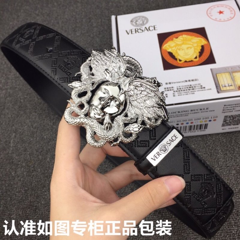 Versace Medusa Head Black Leather Belt Silver Buckle