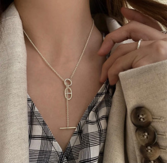 Silver Chain Link Pendant Necklace with Bar Drop