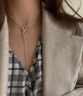 Silver Chain Link Pendant Necklace with Bar Drop view 2