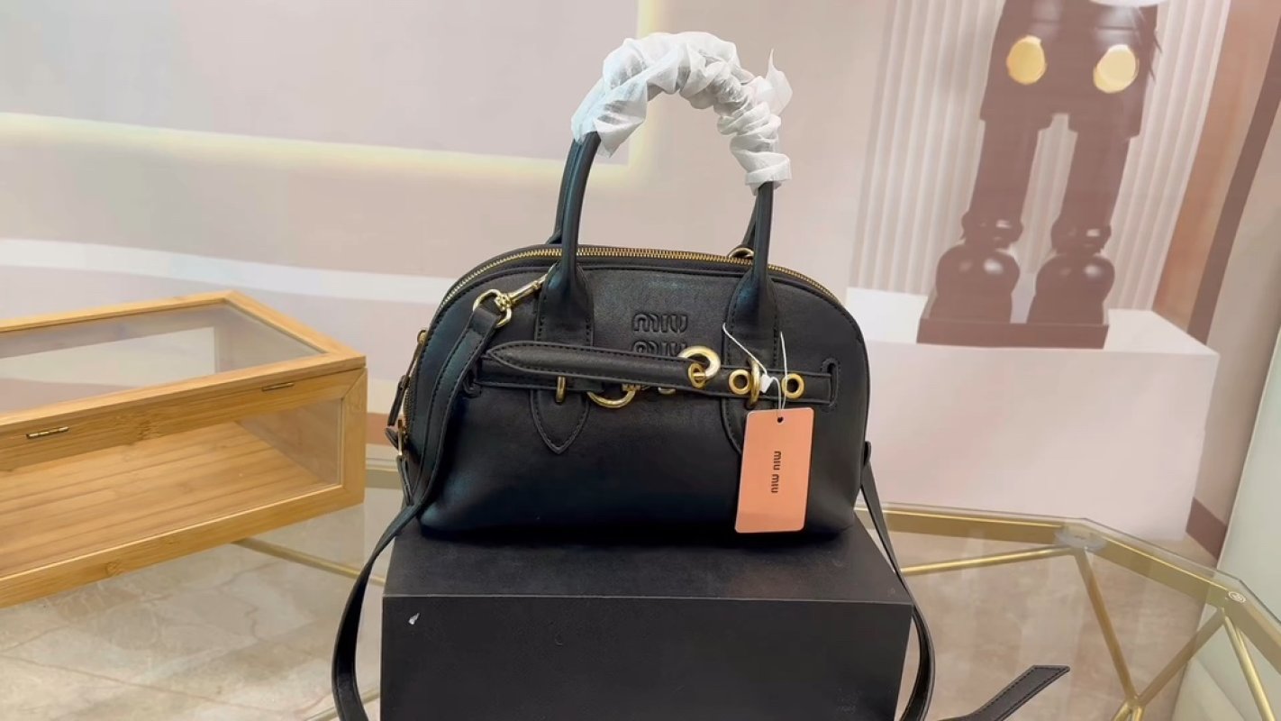 Miu Miu Black Leather Top Handle Bag with Gold Hardware