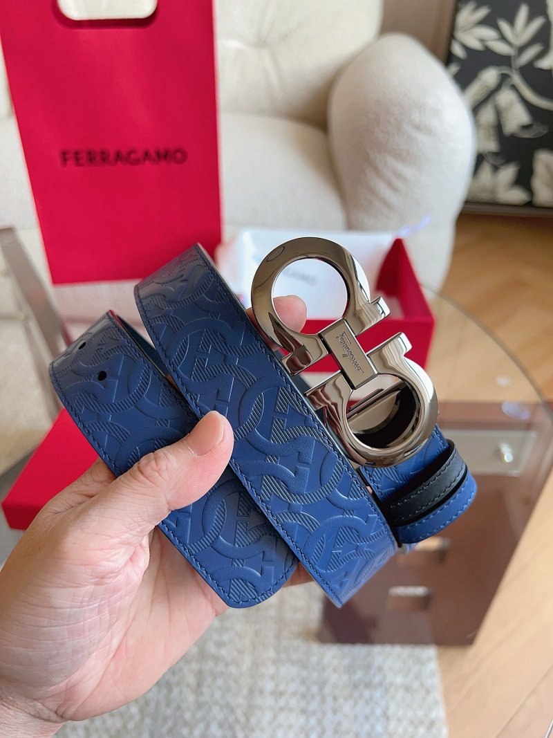 Ferragamo Gancini Navy Blue Leather Belt 3.5cm
