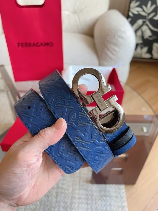 Ferragamo Gancini Navy Blue Leather Belt 3.5cm
