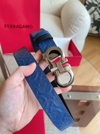 Ferragamo Gancini Navy Blue Leather Belt 3.5cm view 2