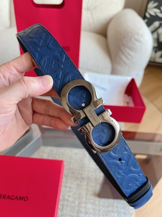Ferragamo Gancini Navy Blue Leather Belt 3.5cm view 3