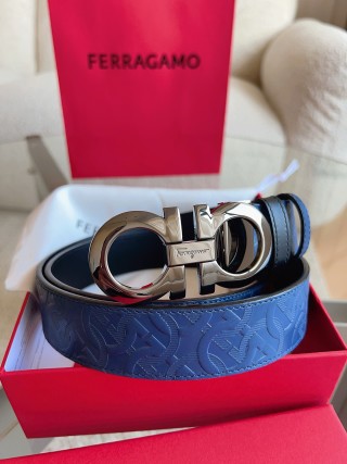 Ferragamo Gancini Navy Blue Leather Belt 3.5cm view 4