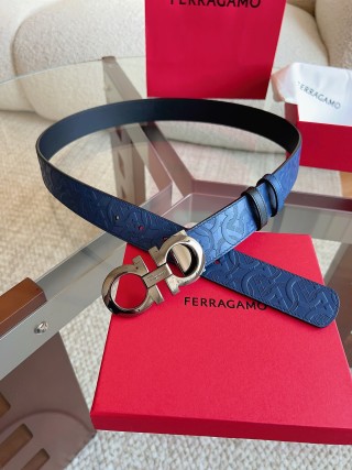 Ferragamo Gancini Navy Blue Leather Belt 3.5cm view 5