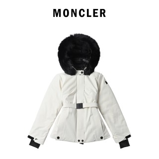 Moncler Bauges Hooded Down Jacket with Fur Collar - Cream