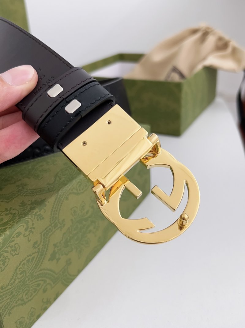 Gucci Black Leather GG Embossed Belt with Gold Rotating Buckle view
