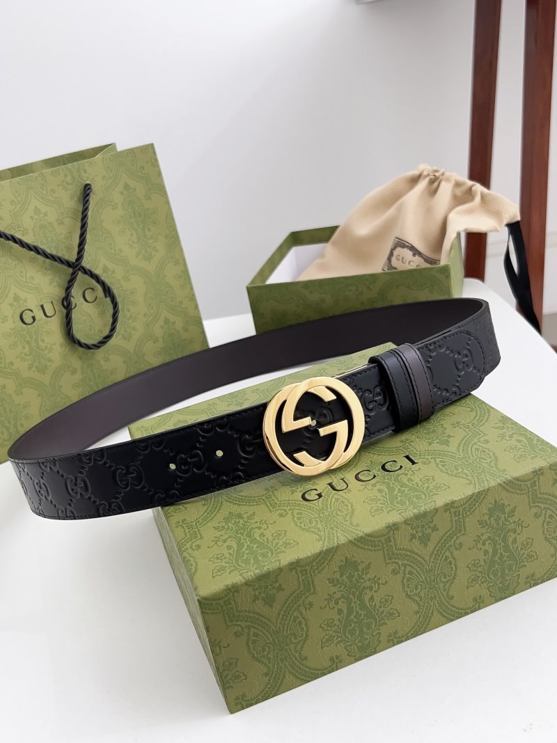 Gucci Black Leather GG Embossed Belt with Gold Rotating Buckle view