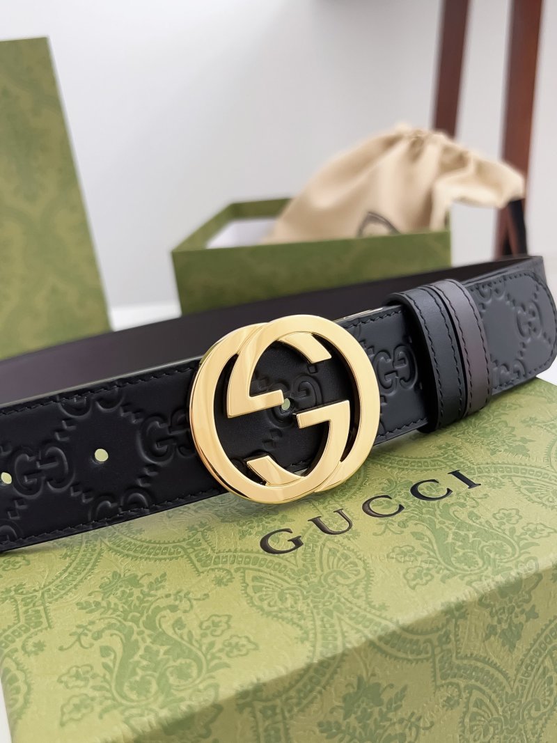 Gucci Black Leather GG Embossed Belt with Gold Rotating Buckle view