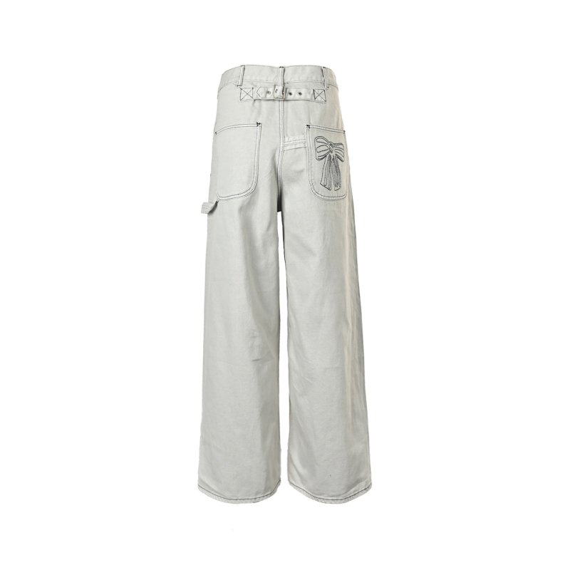 Cream Wide-Leg Jeans with Bow Pocket Embroidery view