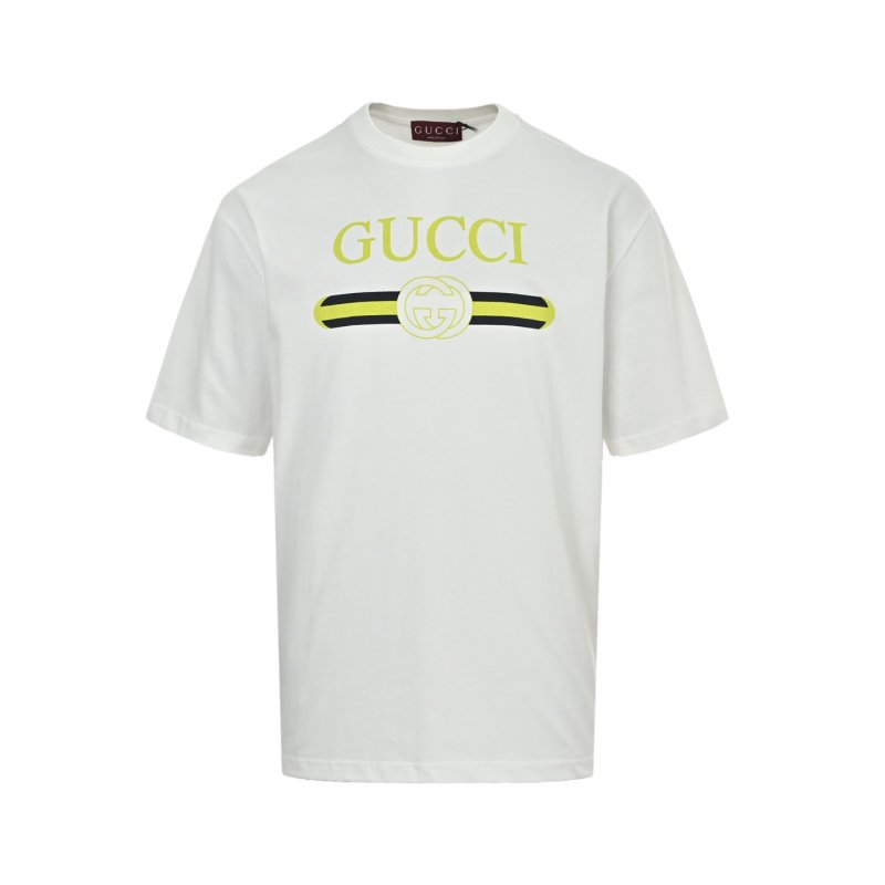 Gucci Logo Print White T-Shirt with Stripe Belt Detail view