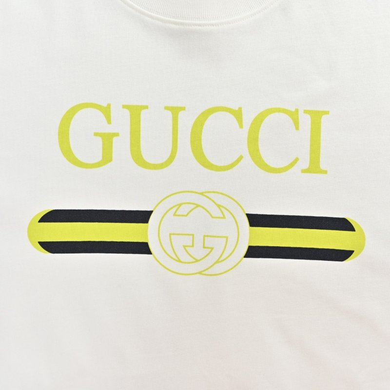 Gucci Logo Print White T-Shirt with Stripe Belt Detail view