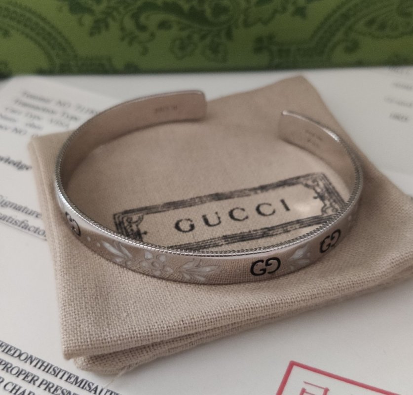 Gucci Double G Enamel Flower Open Bangle Bracelet Silver