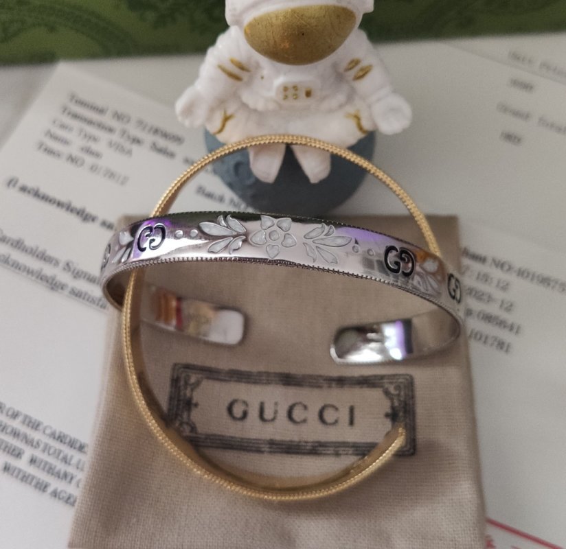 Gucci Double G Enamel Flower Open Bangle Bracelet Silver view