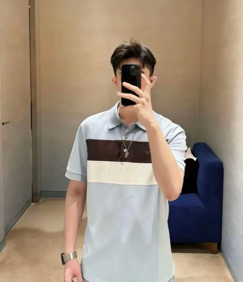 Striped Colour-Block Polo Shirt – Light Blue / Brown / White