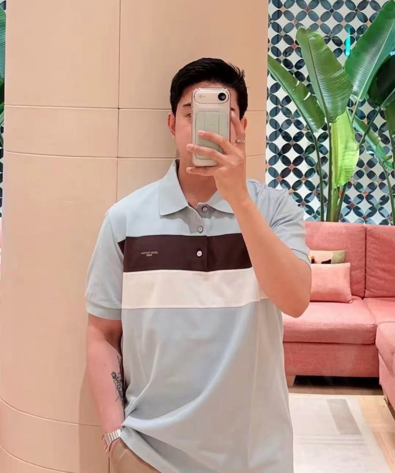 Striped Colour-Block Polo Shirt – Light Blue / Brown / White view