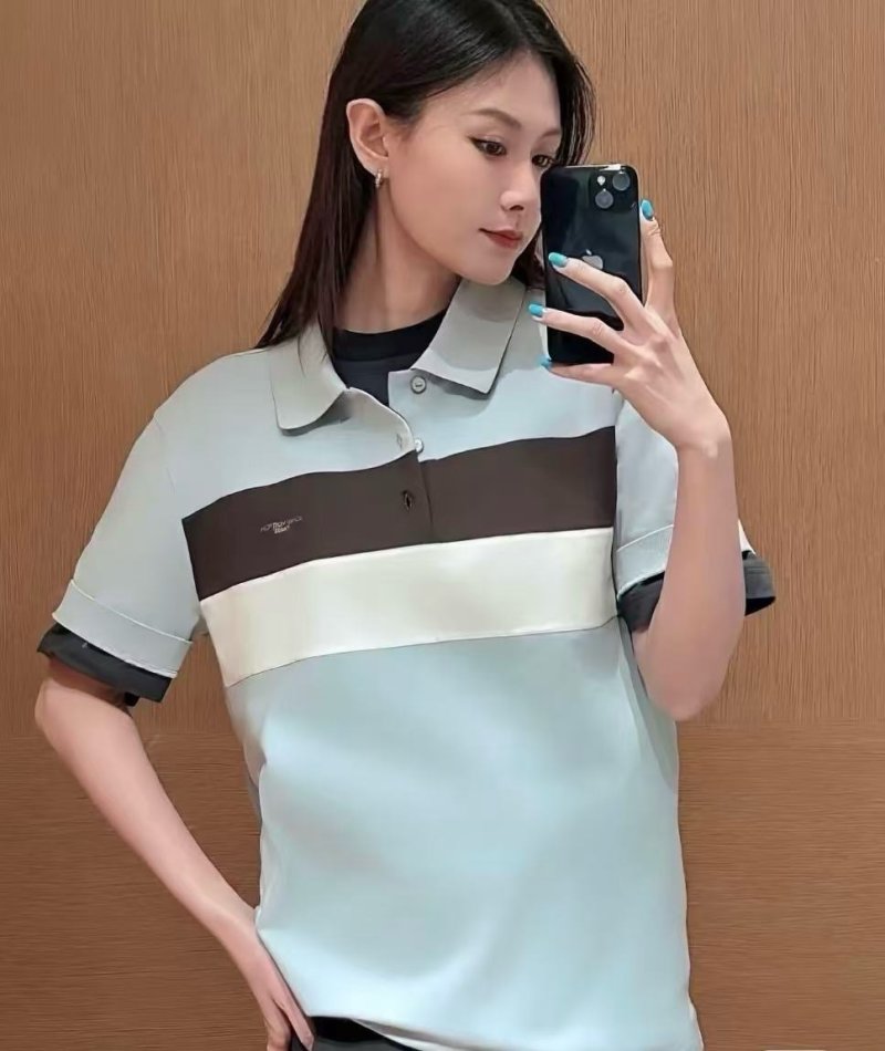 Striped Colour-Block Polo Shirt – Light Blue / Brown / White view