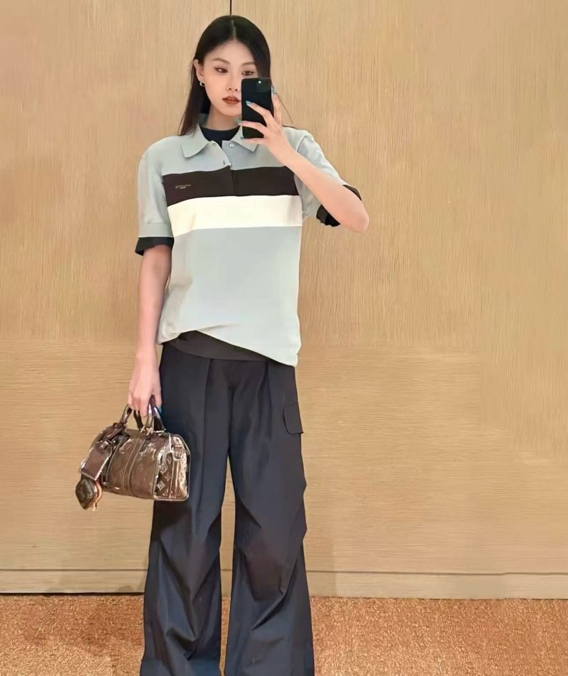 Striped Colour-Block Polo Shirt – Light Blue / Brown / White view